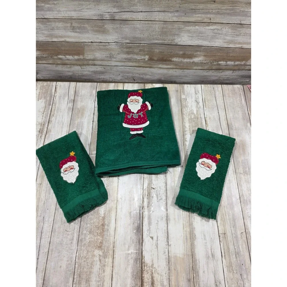 Cannon Christmas Santa Claus Green Hand Towel Set‎ 3 Piece Embroidered Fringed